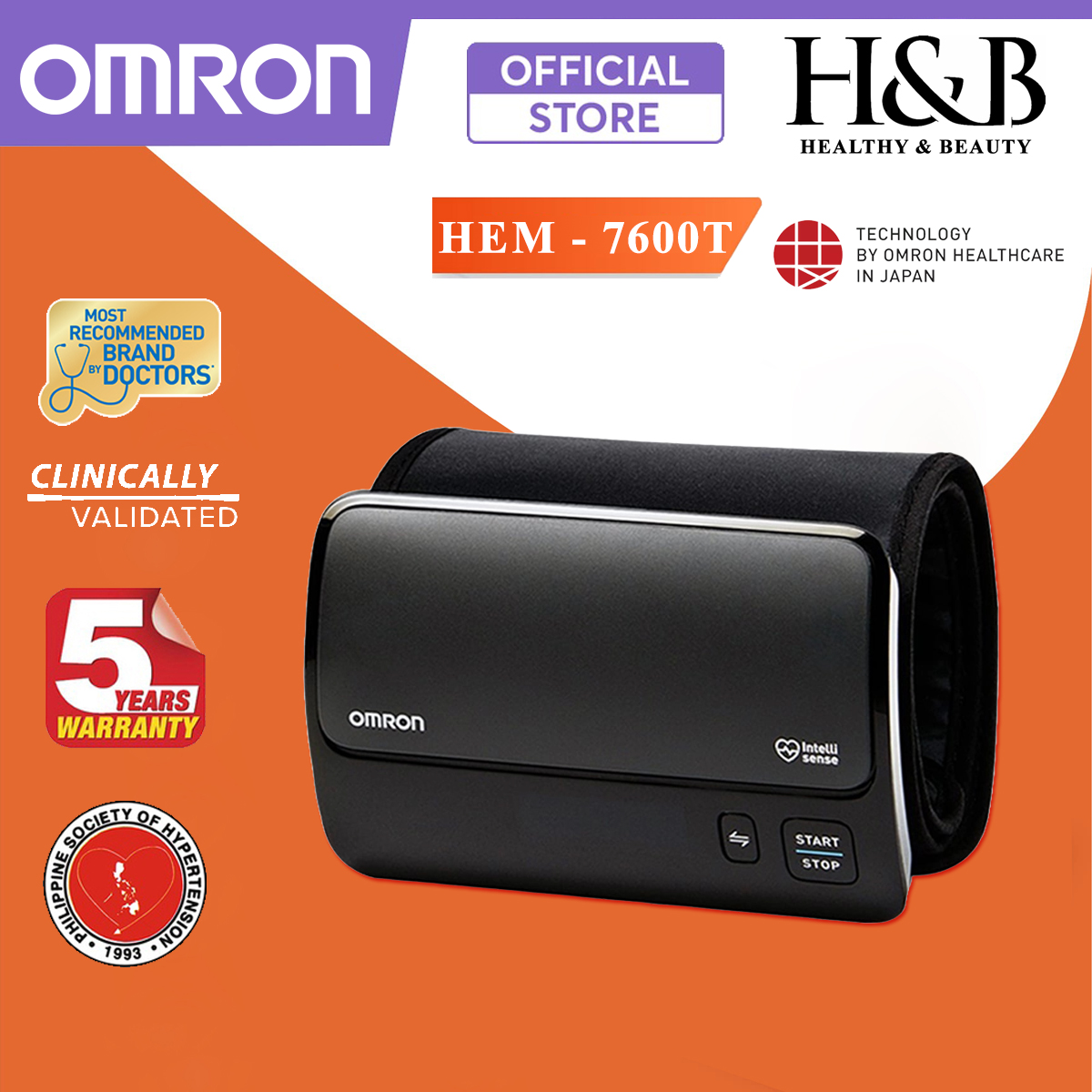 Máy Đo Huyết Áp Bắp Tay Cao Cấp Omron HEM-7600T | Kết Nối Bluetooth, Vòng bít không dây