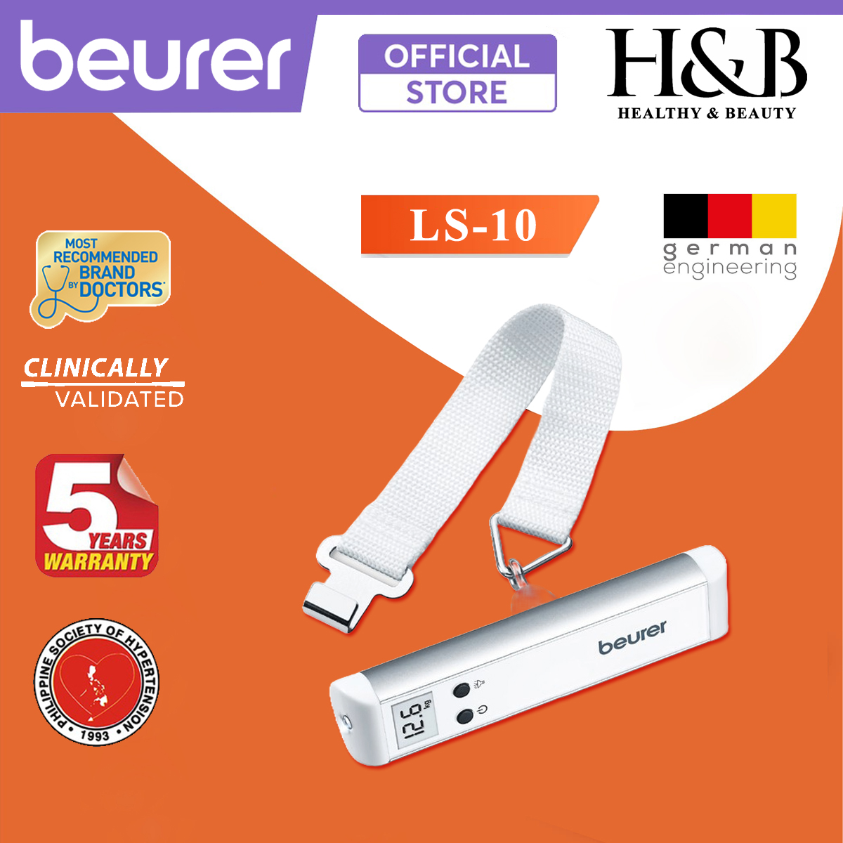 Cân Hành Lý Điện Tử Cầm Tay Beurer LS10 | Tải Trọng 50 Kg, Tích Hợp Đèn Pin | Bảo Hành 5 Năm