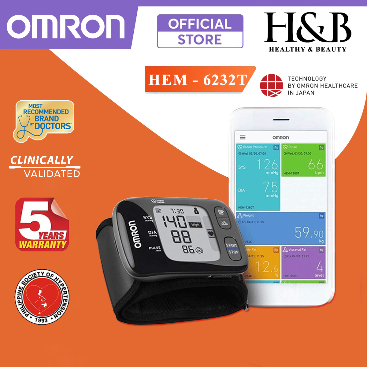 Máy Đo Huyết Áp Cổ Tay Kết Nối Bluetooth Omron HEM-6232T | Lưu Trữ Được Dữ Liệu Cho 2 Người Cùng Lúc